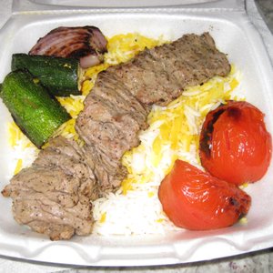 Photo of Sorrento Grill - Herndon, VA, United States. filet mignon kabob w/saffron basmati rice & grilled veggies