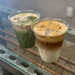Common Hours - Pink Strawberry Cream Matcha (left) and Peanut Butter Short & Sweet (right)