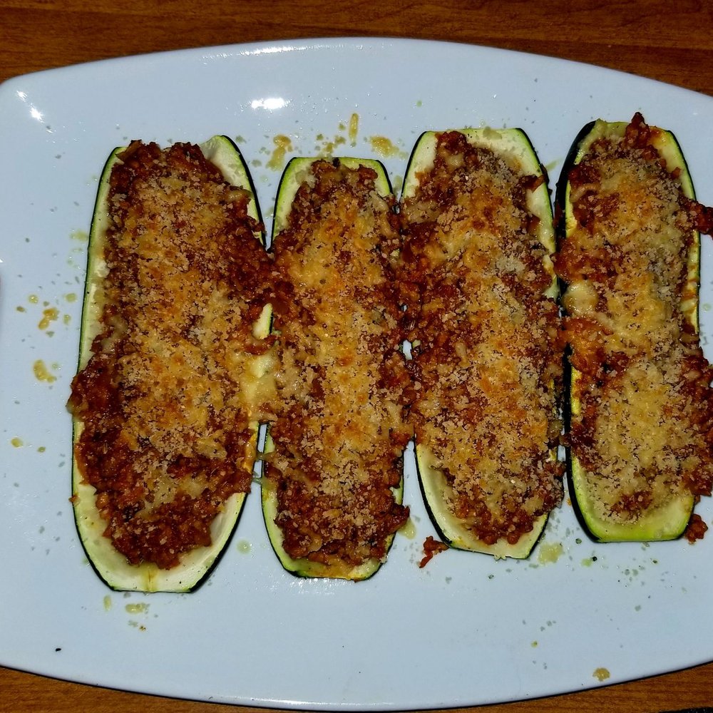 Zucchini boats stuffed with fenneled minced pork. Fennel seeds from 'The Spice Rack'.