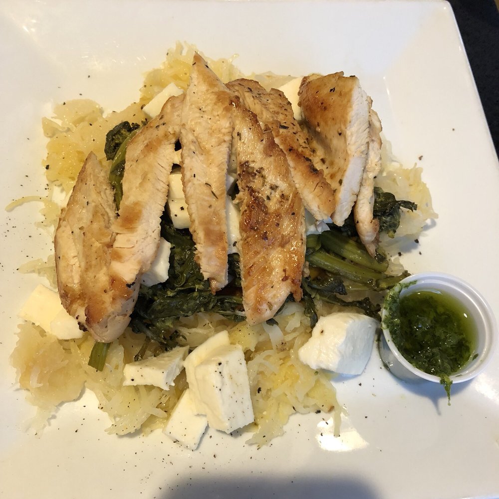 Anthony's Cheesecake - Spaghetti squash, broccoli rob, mozzarella, grilled chicken w pesto - American Near Me - Bloomfield, New Jersey Anthony's Cheesecake - Spaghetti squash, broccoli rob, mozzarella, grilled chicken w pesto - American Near Me - Bloomfield, New Jersey