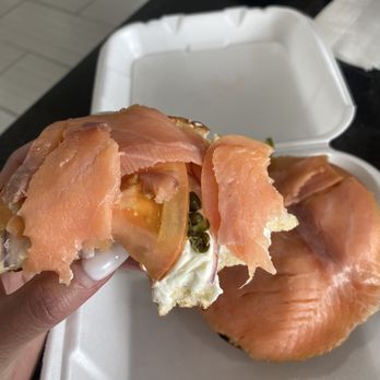 5 Star Bagelry - Lox bagel on cheddar bagel. Salmon originally comes one piece, I made it smaller pieces to eat easily. - Bagels Near Me - Orange, California 5 Star Bagelry - Lox bagel on cheddar bagel. Salmon originally comes one piece, I made it smaller pieces to eat easily. - Bagels Near Me - Orange, California