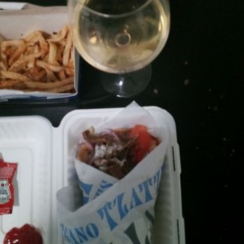 Nick the Greek - Glass of Butter Chardonnay, fries, beef/lamb gyro. - Greek Near Me - San Francisco, California