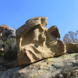 Vasco Caves Regional Preserve - Vasco Caves - Sandstone with concretion boulder behind it.