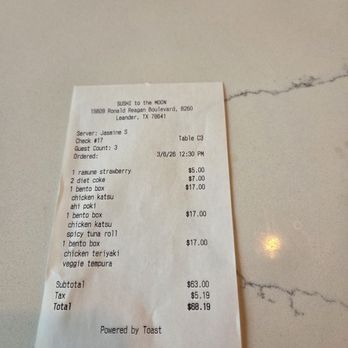 SUSHI To The MOON - This is the bill! - Japanese Near Me - Leander, Texas