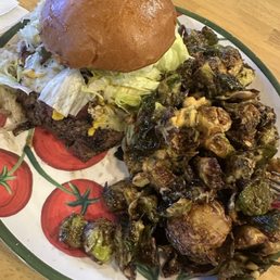 Pastrami burger and Brussel sprouts. Pastrami burger and Brussel sprouts.