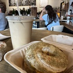 Mojo's Coffee and More - Maple brown sugar iced latte and a sausage egg and cheese on a rosemary sea salt bagel