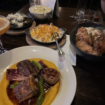5th & Taylor - Mixed plate (filet, lamb sausage, pork belly), Mac n cheese, brussel sprouts, mashed potatoes, fried chicken - New American Near Me - Nashville, Tennessee 5th & Taylor - Mixed plate (filet, lamb sausage, pork belly), Mac n cheese, brussel sprouts, mashed potatoes, fried chicken - New American Near Me - Nashville, Tennessee