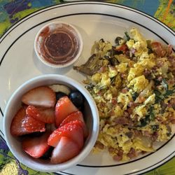 Daybreak Cafe - Ham and vegetable egg scramble with fresh fruit.
