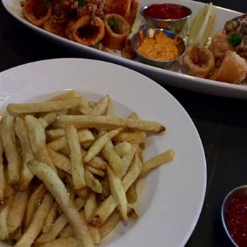 Pizza Rock - Truffle fries (best thing we ordered) & calamari 1/2 spicy 1/2 regular - Pizza Near Me - Henderson, Nevada
