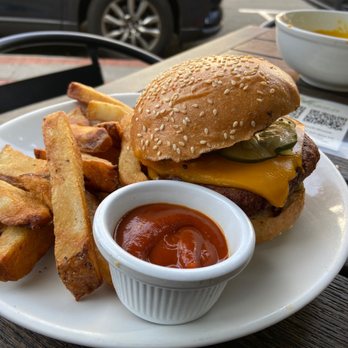 Sweet Grass Grill - Chickpea burger with vegan cheddar and hand cut fries - New American Near Me - Tarrytown, New York Sweet Grass Grill - Chickpea burger with vegan cheddar and hand cut fries - New American Near Me - Tarrytown, New York