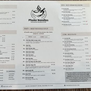 Phoke Noodles & Grill - soft opening menu - Vietnamese Near Me - Prosper, Texas