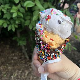 Double scoop--bumbleberry pie and peaches and cream--in a sprinkle waffle cone with sprinkles on top!