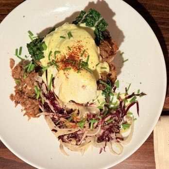 The Witlof - Duck Rillettes Benedict with Hayshaker Lacinato Kale - New American Near Me - Walla Walla, Washington