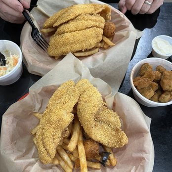 The Catch - The jumbo catfish filet basket divided in two for my husband and myself. - Seafood Near Me - Tyler, Texas