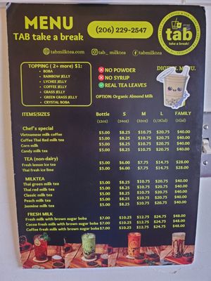Menu photo 8 Tab Milktea Seattle, WA Menu photo 8 Tab Milktea Seattle, WA