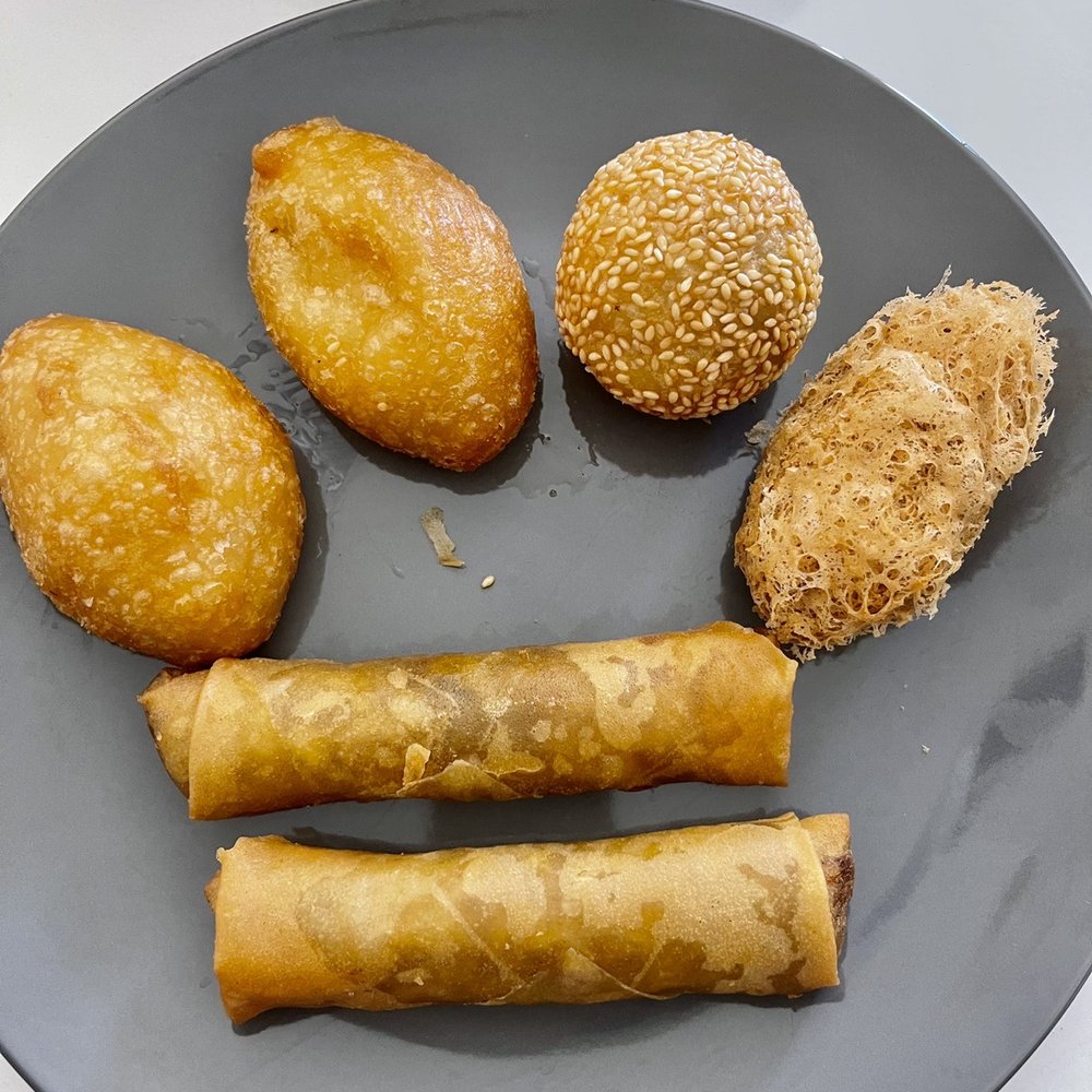 Dim Sum Basket - Fried mochi Pork dumpling, sesame seed ball, taro puff, Egg roll - Dim Sum Near Me - Brentwood, California Dim Sum Basket - Fried mochi Pork dumpling, sesame seed ball, taro puff, Egg roll - Dim Sum Near Me - Brentwood, California