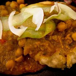 Turtle Bay - Trini doubles ( Roti bread with chickpea curry and cucumber chutney )