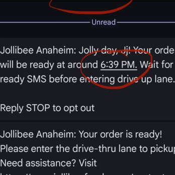 Jollibee - Placed the order at 6:35, said will be ready at 6:39. At 7:16 said the order is ready..,,wait 10 more minutes outside no one came! - Fast Food Near Me - Anaheim, California