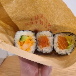 Left to right: spicy shrimp, spicy tuna, salmon avocado Left to right: spicy shrimp, spicy tuna, salmon avocado