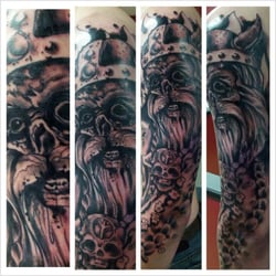 Black Kat Tattoo - The Viking sleeve done by Jay Mean. This photo was taken after first session. Check back later for more photos