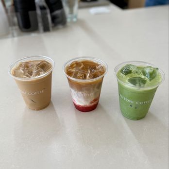 Yutori Coffee - Left: Vanilla latte ($7.5) Middle: Strawberry latte ($7.5) Right: Matcha latte w/ whole milk ($7.80) - Coffee & Tea Near Me - Temple City, California Yutori Coffee - Left: Vanilla latte ($7.5) Middle: Strawberry latte ($7.5) Right: Matcha latte w/ whole milk ($7.80) - Coffee & Tea Near Me - Temple City, California