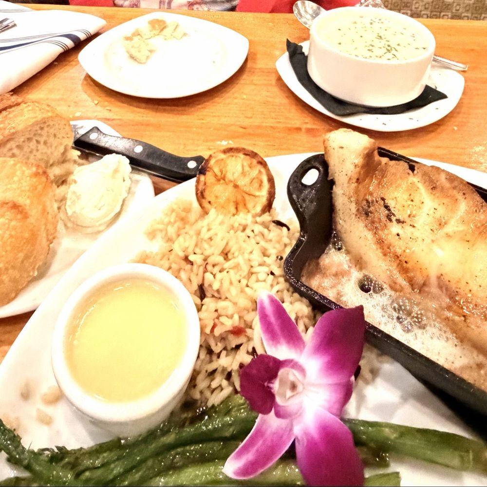 Market Broiler - Orange - Seared seabass with side of rice pilaf and clam chowder - New American Near Me - Orange, California Market Broiler - Orange - Seared seabass with side of rice pilaf and clam chowder - New American Near Me - Orange, California