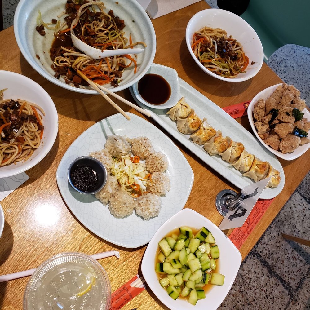 Hello Dumpling - Noodle w/ veggies (spicy), crispy basil chicken bites (yummy!), pickled cucumbers (yum yum!), sticky rice chicken balls, fish dumplings. - Noodles Near Me - Dallas, Texas Hello Dumpling - Noodle w/ veggies (spicy), crispy basil chicken bites (yummy!), pickled cucumbers (yum yum!), sticky rice chicken balls, fish dumplings. - Noodles Near Me - Dallas, Texas