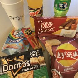 It's A Bodega - Garlic Bread Dorito crackers Hot Pot lays  Ritz rolls Caramel Kit Kat  Mountain Dew passion fruit