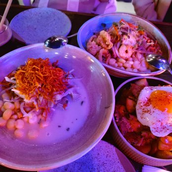 Barranco MTL - Left: classic ceviche, top: Barranco ceviche, right: Salchipapa La Poderosa - Tapas Bars Near Me - Montreal, Quebec