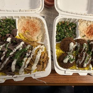 Photo of Shawarma Guys - San Diego, CA, United States. Left: wagyu beef and Chicken Shawarma Plate Right: Falafel Plate