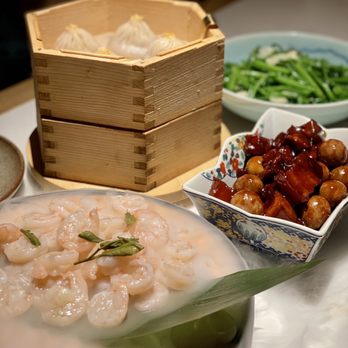 Cheli - longjing shrimp, braised pork belly, soup dumplings, water spinach - Shanghainese Near Me - New York, New York Cheli - longjing shrimp, braised pork belly, soup dumplings, water spinach - Shanghainese Near Me - New York, New York