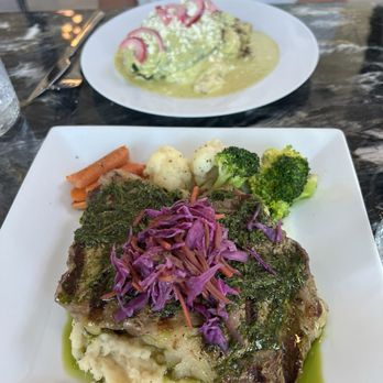 Mr. Q Restaurant - Rib eye and Chille Relleno in a delicious sauce over garlic mashed potatoes. - Latin American Near Me - Atascadero, California