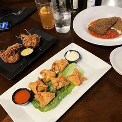 Angel hair crab cakes, Buffalo won ton & mozzarella frittata