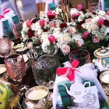 Crystal Gardens Florist - Tea table with guest's flower arrangements. - Florists Near Me - Poway, California Crystal Gardens Florist - Tea table with guest's flower arrangements. - Florists Near Me - Poway, California