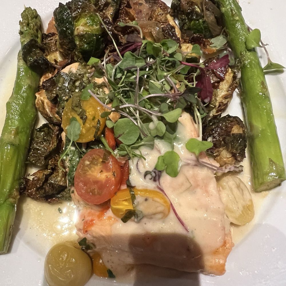 Paul Martin's American Grill Irvine Spectrum - Salmon with asparagus and aside if Brussel sprouts. Delicious! - New American Near Me - Irvine, California