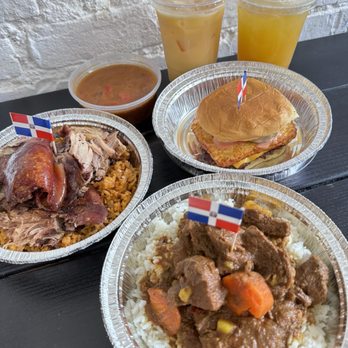 El Sazon R D - Pernil with Spanish Rice + Beans side (Left) ; Single Smashburger (Top) ; Beef Stew with White Rice - Dominican Near Me - New York, New York