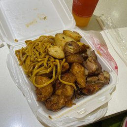 chicken and noodles in a styrofoam container
