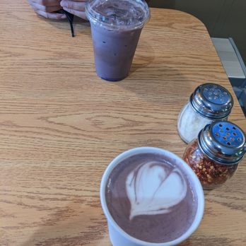 Novel Pizza Cafe - Ube latte, iced(top) and hot(below) - Pizza Near Me - Chicago, Illinois