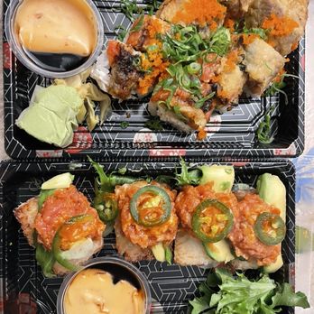 Aburi Japanese Kitchen - 3/2026 Takeout Vegas Roll (Top) and Appetizer Crispy Rice with Spicy Tuna (bottom) - Ramen Near Me - Huntington Beach, California Aburi Japanese Kitchen - 3/2026 Takeout Vegas Roll (Top) and Appetizer Crispy Rice with Spicy Tuna (bottom) - Ramen Near Me - Huntington Beach, California