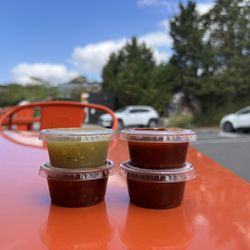 Red salsa pretty spicy but good / green salsa mild and refreshing