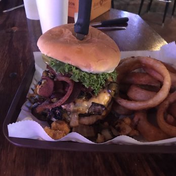 The Crawfish Place - The Pimpin Burger (fried crawfish, tons of bacon and jalapeños) with onion rings - Burgers Near Me - Anahuac, Texas The Crawfish Place - The Pimpin Burger (fried crawfish, tons of bacon and jalapeños) with onion rings - Burgers Near Me - Anahuac, Texas