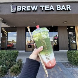 Exterior outside entrance of Brew Tea Bar - Strawberry matcha with cheese foam topping - Las Vegas, Nevada Exterior outside entrance of Brew Tea Bar - Strawberry matcha with cheese foam topping - Las Vegas, Nevada