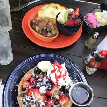 Eight AM - Castro frittata with fruit salad and potatoes and the Berry Waffle - New American Near Me - San Francisco, California Eight AM - Castro frittata with fruit salad and potatoes and the Berry Waffle - New American Near Me - San Francisco, California
