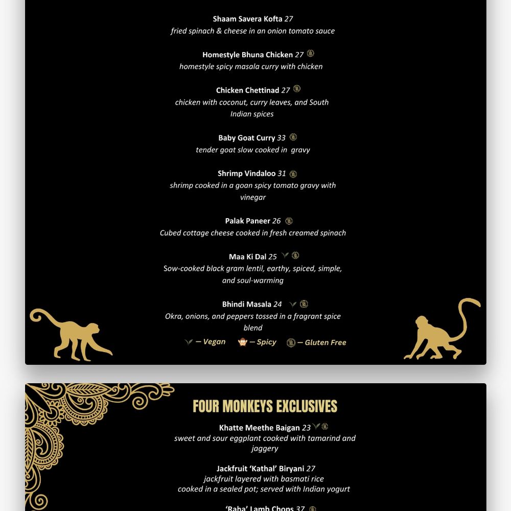 Four Monkeys - menu - Indian Near Me - Summit, New Jersey