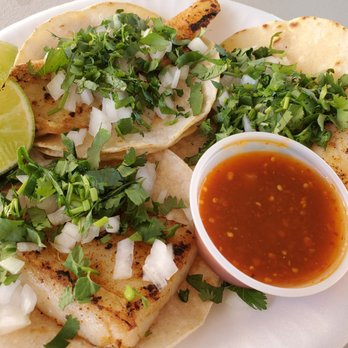 Tacos Los Hermanos - Fish tacos with onion, cilantro and the spicy sauce. - Mexican Near Me - Lone Pine, California