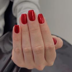 Top Coat Nailbar - Gel manicure and red chrome. Book online at www.topcoatnailbars.net. Visit our Instagram @topcoatnailbars for more photos.