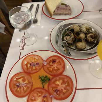Bouillon Pigalle - Tomato salad, escargot and terrine - French Near Me - Paris, 75 Bouillon Pigalle - Tomato salad, escargot and terrine - French Near Me - Paris, 75