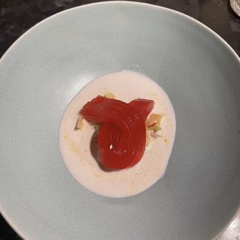 Atomix - Red bell pepper, jellyfish, quail egg, pine nuts - Korean Near Me - New York, New York Atomix - Red bell pepper, jellyfish, quail egg, pine nuts - Korean Near Me - New York, New York