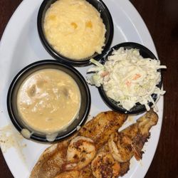 Swampwater Grill - Blackened catfish, Roasted Corn Cheese Grits, and Cole Slaw