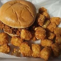 Rooster's Party Store - Monday daily special. Sloppy Joe with either fries or tots for $5.99.